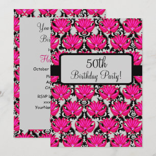 50:e Födelsedagsfesten Fuchsia Rosa Black Damask Inbjudningar