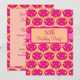 50:e Födelsedagsfesten Fuchsia Rosa Orange Damask Inbjudningar