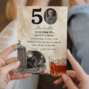 50:e Födelsedagsfesten Gammal timer-bil och whis Inbjudningar