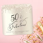 50:e Födelsedagsfesten Glitter Guld Underlägg Papper Kvadrat<br><div class="desc">personlig för elegant och chic 50:e födelsedagsfesten underlägg med "50 & Fabulous" i ett snyggt-skript mot en bakgrund för faux-folie i guld,  med guld faux glitter dropp. Du kan personifiera med hennes namn och datum för party.</div>