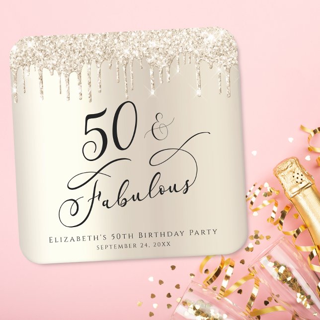 50:e Födelsedagsfesten Glitter Guld Underlägg Papper Kvadrat (Skapare uppladdad)