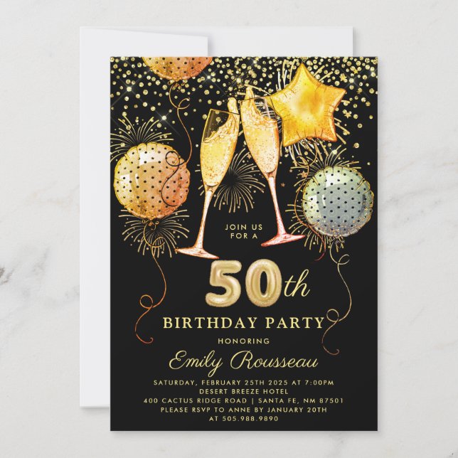 50:e Födelsedagsfesten Guld Black Glitter Confetti Inbjudningar (Framsida)