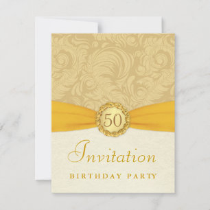50:e Födelsedagsfesten - Guld Damask med Monogram Inbjudningar