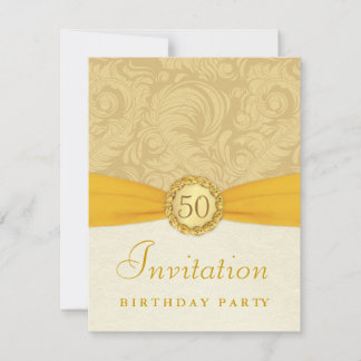 50:e Födelsedagsfesten - Guld Damask med Monogram Inbjudningar