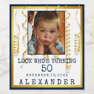 50:e Födelsedagsfesten Guld med Färg för fotobyte Vinflaska Etikett