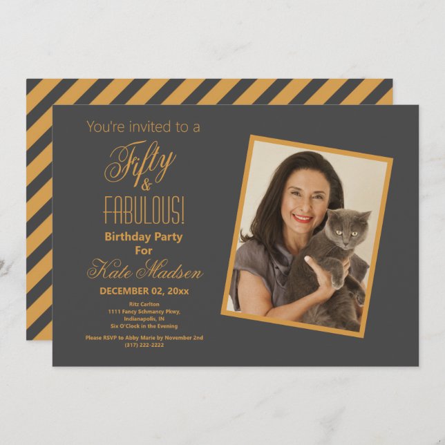 50:e Födelsedagsfesten Guld & Pewter Inbjudningar (Fram/baksida)