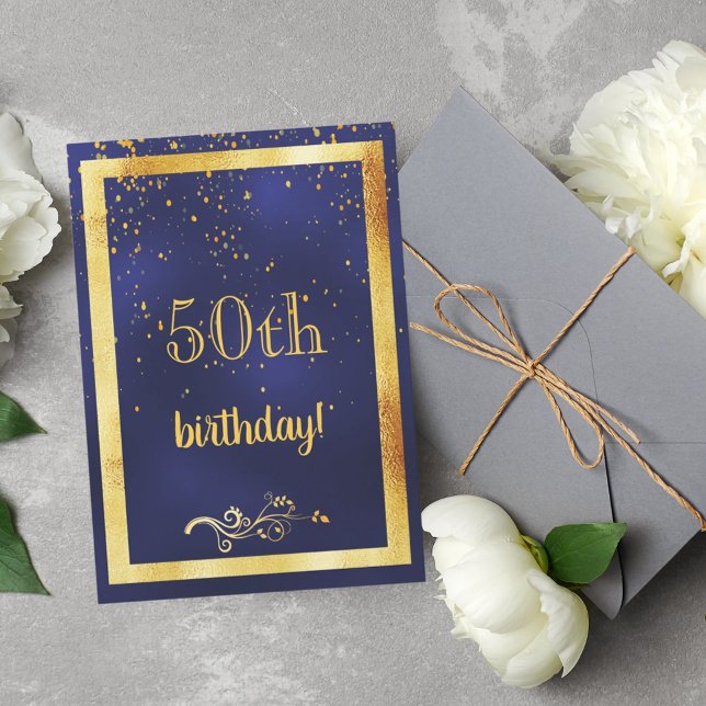 50:e födelsedagsfesten guld ram blå inbjudningar (Skapare uppladdad)