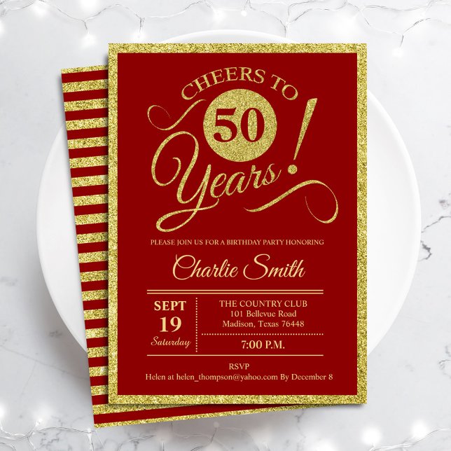 50:e Födelsedagsfesten - Guld Red ANY AGE Inbjudningar (Skapare uppladdad)