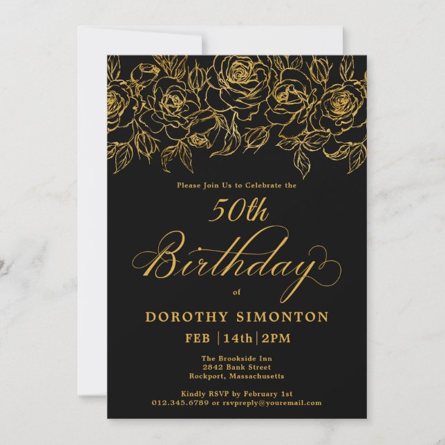 50:e Födelsedagsfesten Guld Ro Blommigt Black Inbjudningar (Framsida)