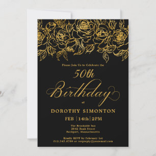 50:e Födelsedagsfesten Guld Ro Blommigt Black Inbjudningar