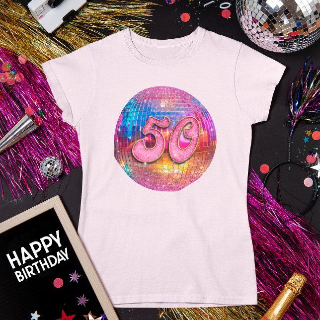 50:e Födelsedagsfesten Guld Rosa Glitter Disco Bol T Shirt (Skapare uppladdad)