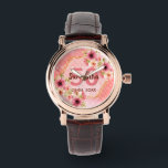 50:e födelsedagsfesten korallblommor från guld dah armbandsur<br><div class="desc">Ett trendig tittar på en 50-årsgåva. Med ett faux guld hexagon geometriskt utformat ram. Dahlia-blommor i rosa,  kräm och korall. Att leva med polka dots som bakgrund. Mallar för namn,  50 år och ett datum. Födelsedatum eller födelsedatum i party. Burgundy och korall färgad brev.</div>
