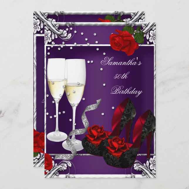 50:e Födelsedagsfesten Lila Röd ros Silver Inbjudningar (Fram/baksida)
