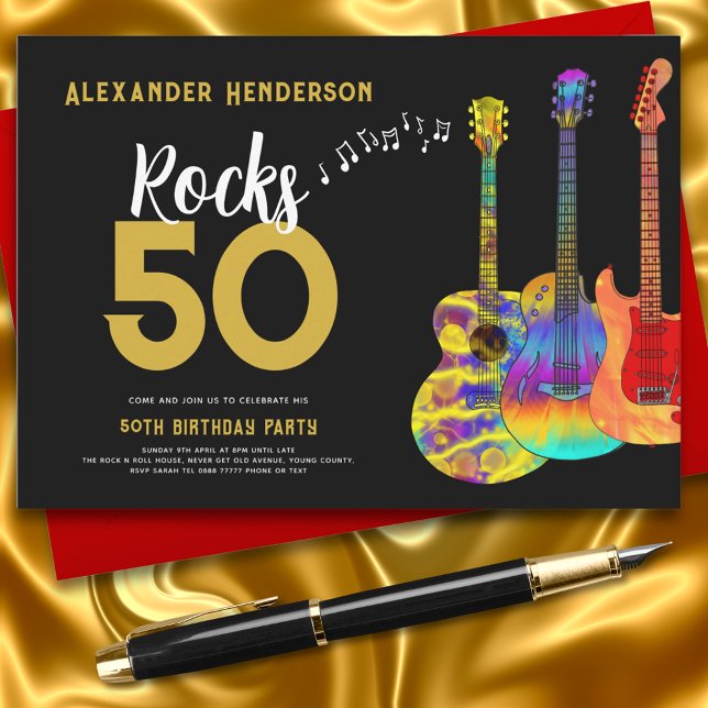 50:e Födelsedagsfesten Music Guitar i rock and rol Inbjudningar (Rock and roll black and gold 50th birthday party invitation with funky colorful guitars and music)