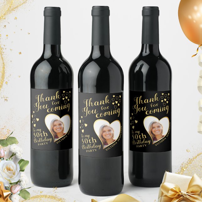 50:e Födelsedagsfesten Photo Black och Guld Tack Vinflaska Etikett (Skapare uppladdad)