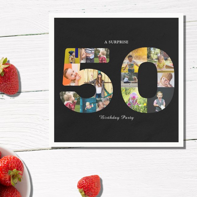 50:e Födelsedagsfesten Photo Collage Black White Pappersservett (50th birthday photo collage template napkin in black and white.)
