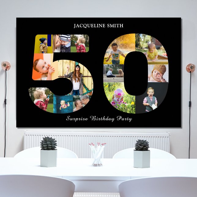 50:e Födelsedagsfesten Photo Collage Black White Poster (50th birthday party poster in black with custom photo collage template in the "5" and "0".)