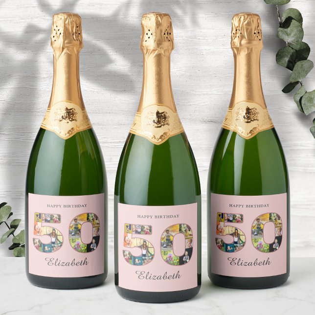 50:e Födelsedagsfesten Photo Collage Dusty  Rosa (Blush dusty pink sparkling wine labels with photo collage. )