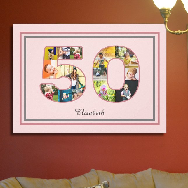 50:e Födelsedagsfesten Photo Collage Dusty  Rosa Canvastryck (50th birthday photo canvas in dusty blush pink. )