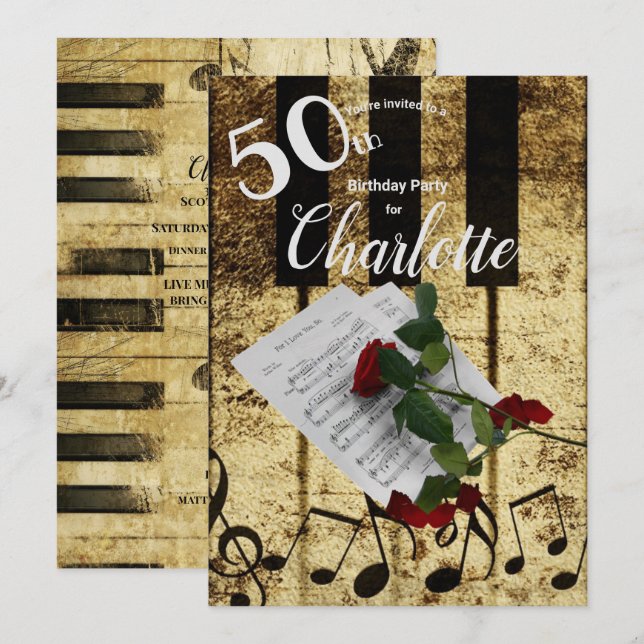 50:e Födelsedagsfesten Piano Nycklar Lakan Music R Inbjudningar (Fram/baksida)