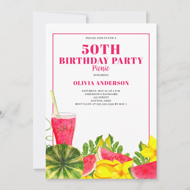 50:e Födelsedagsfesten Picnic Rosa Watermelon Inbjudningar (Framsida)