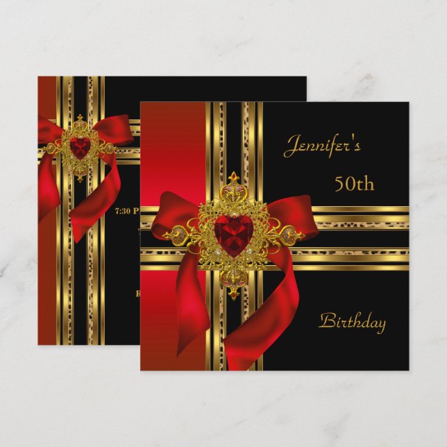 50:e Födelsedagsfesten Red Guld Heart Jewel Inbjudningar (Fram/baksida)