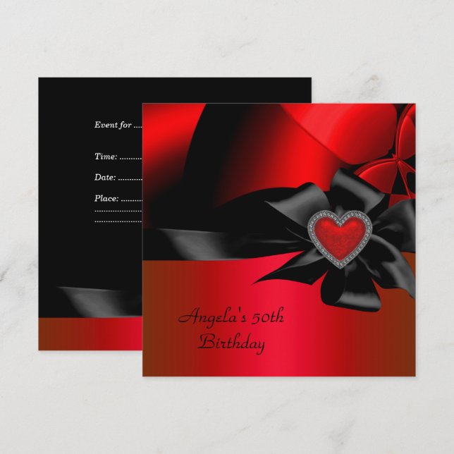 50:e Födelsedagsfesten Red Silver Abstrakt Black Inbjudningar (Fram/baksida)