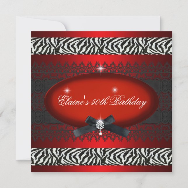 50:e Födelsedagsfesten Red White Black Zebra Inbjudningar (Framsida)