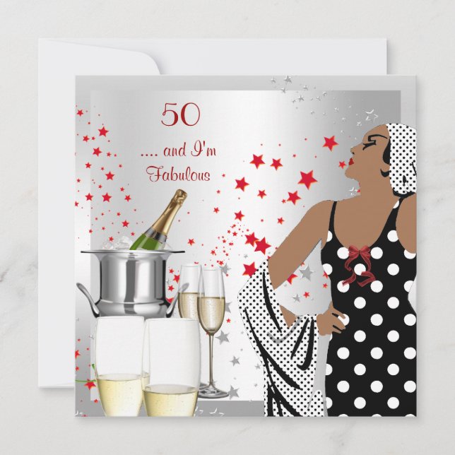 50:e Födelsedagsfesten Retro Diva Art Deco Red Sil Inbjudningar (Framsida)