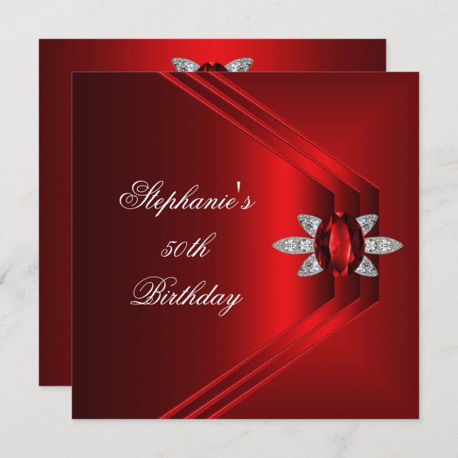 50:e Födelsedagsfesten Rik Red Silke Diamond Jewel Inbjudningar (Fram/baksida)