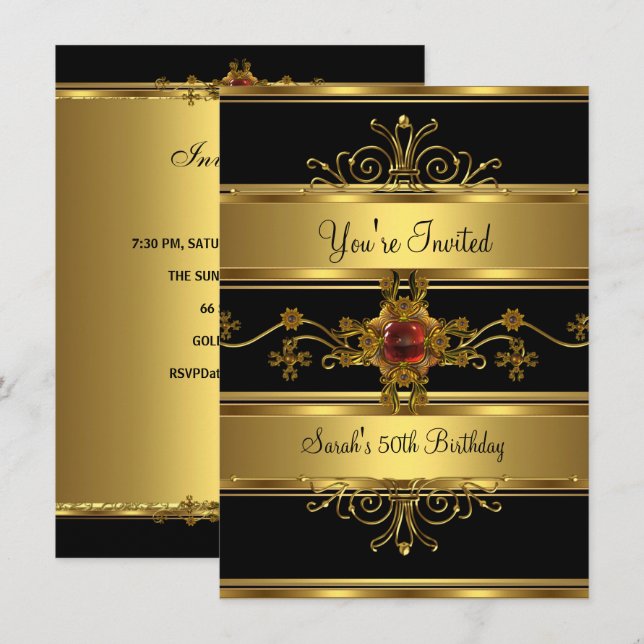 50:e Födelsedagsfesten Rik, svart, röd, judisk, Gu Inbjudningar (Fram/baksida)