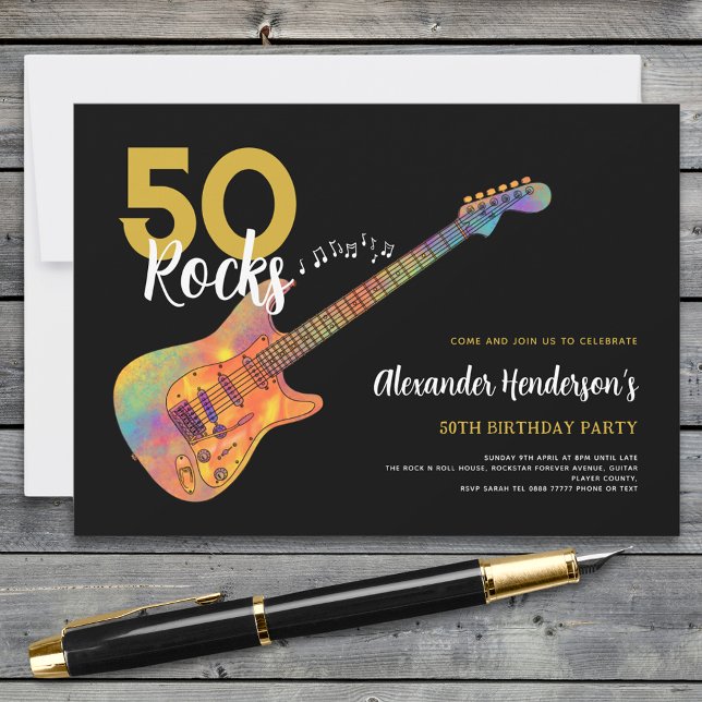 50:e Födelsedagsfesten Rock and roll Inbjudningar (50 Rocks cool guitar 50th birthday party black and gold invitation )