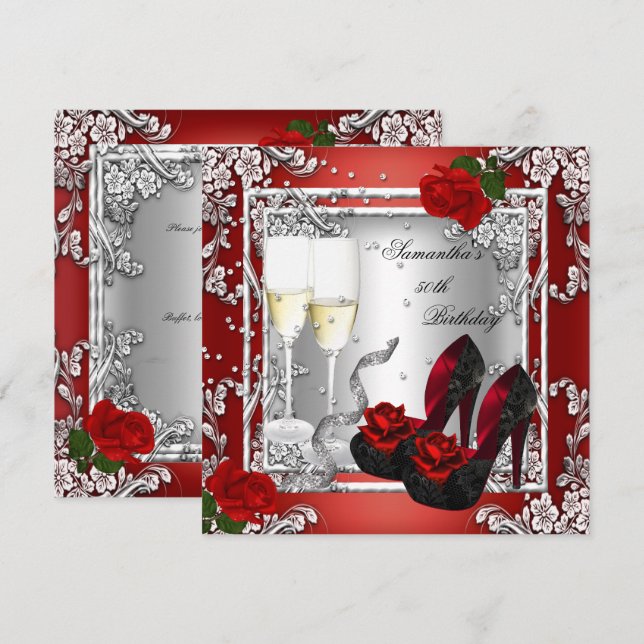 50:e Födelsedagsfesten Röd ros Silver Inbjudningar (Fram/baksida)