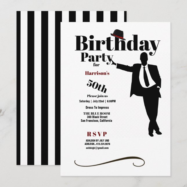 50:e Födelsedagsfesten Silhouette Man Hat Inbjudningar (Fram/baksida)