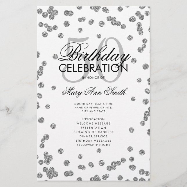 50:e Födelsedagsfesten Silver Glitter w/ Menu Flygblad (Framsidan)