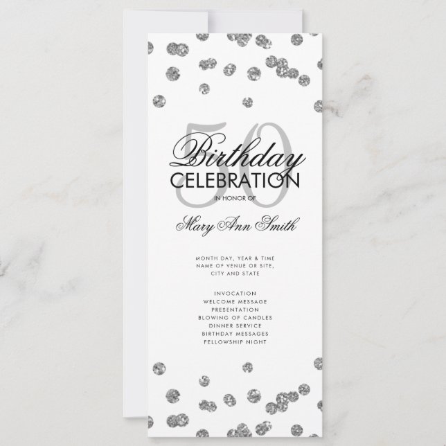 50:e Födelsedagsfesten Silver Glitter w/ Menu Inbjudningar (Framsida)