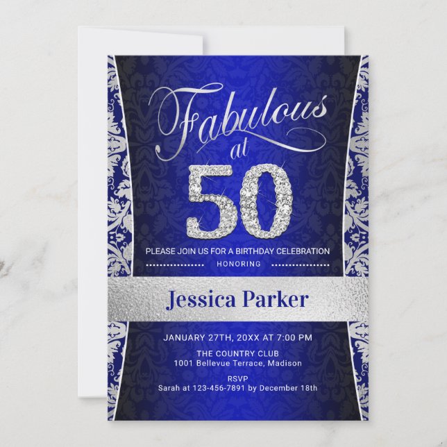 50:e Födelsedagsfesten - Silver Royal Blue Inbjudningar (Framsida)