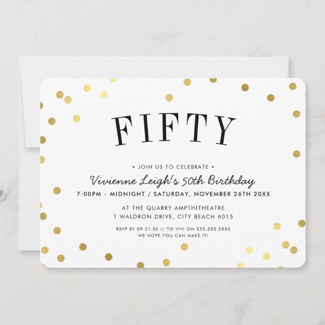 50:E FÖDELSEDAGSFESTEN snyggt guld-konfektytor Inbjudningar (Framsida)