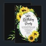 50:e Födelsedagsfesten Solros | Blommigt av eukaly Inbjudningar<br><div class="desc">Klassskt och stilfullt moderna solblommor och eukalyptus grey ram är "50:e Födelsedagsfesten" på en redigerbar svart bakgrund. Baksidan har en koordinerande solrosbukett även på en redigerbar svart bakgrund.</div>