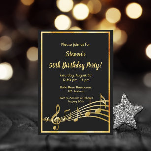 50:e födelsedagsfesten svart guld musik noter inbjudningar