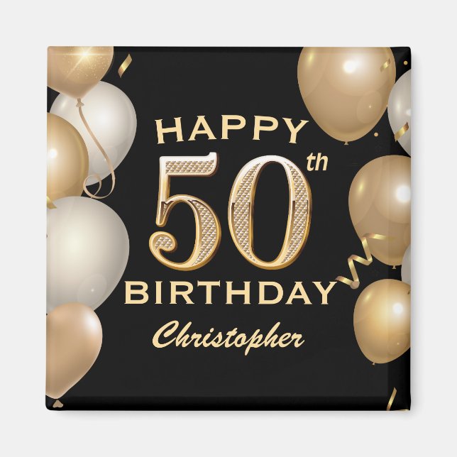 50:e Födelsedagsfesten Svart och Guld-ballonger Magnet (Framsidan)