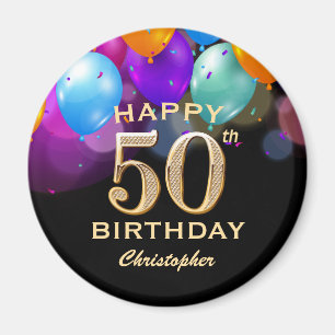 50:e Födelsedagsfesten Svart och Guld-ballonger Magnet