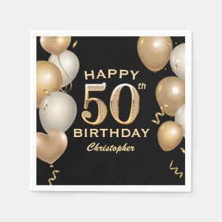 50:e Födelsedagsfesten Svart och Guld-ballonger Pappersservett