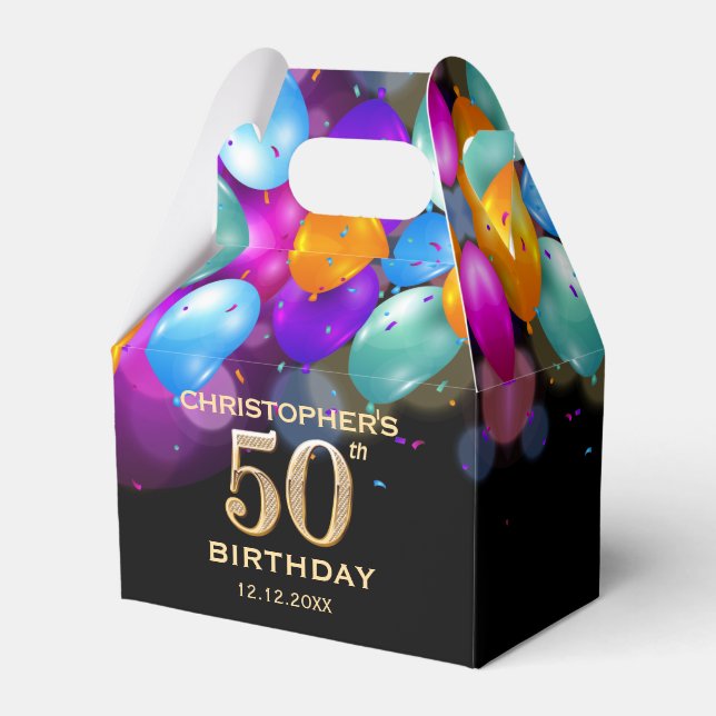 50:e Födelsedagsfesten Svart och Guld-ballonger Presentaskar (Framsidan Sidan)