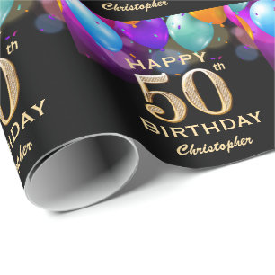 50:e Födelsedagsfesten Svart och Guld-ballonger Presentpapper