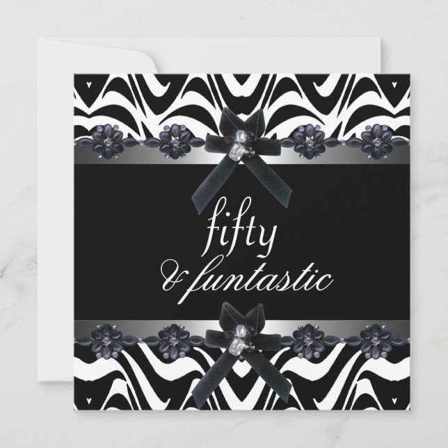 50:e Födelsedagsfesten Svartvit Silver Rand 3 Inbjudningar (Framsida)