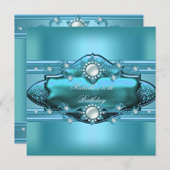 50:e Födelsedagsfesten Teal Blue Pearl Jewel Inbjudningar (Fram/baksida)