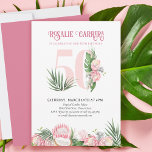 50:e Födelsedagsfesten Tropical Rosa Protea Number Inbjudningar<br><div class="desc">50:e födelsedagsfest inbjudan med nummer 50 dekorerat med tropiska löv från handflatan,  rosa-proteablommor och kokosnöt. Diskret feminin- och elegant med vattenfärgsarrangemang för blommigt i skuggor av rosa och grönt. Perfekt för 50-årsjubileum,  luau party eller trädgårdstek party.</div>