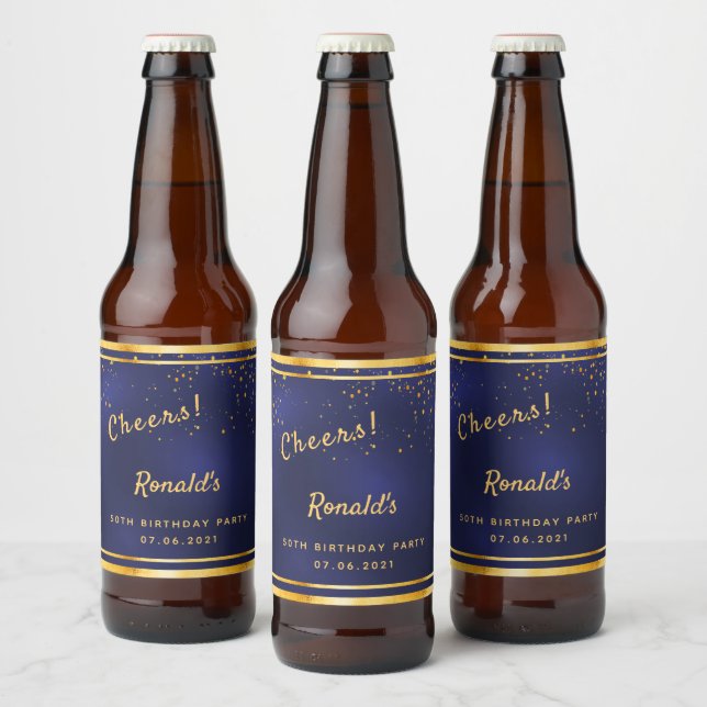 50:e Födelsedagsfestens blåfenade guld-cheers Ölflaska Etikett (Flaskor)