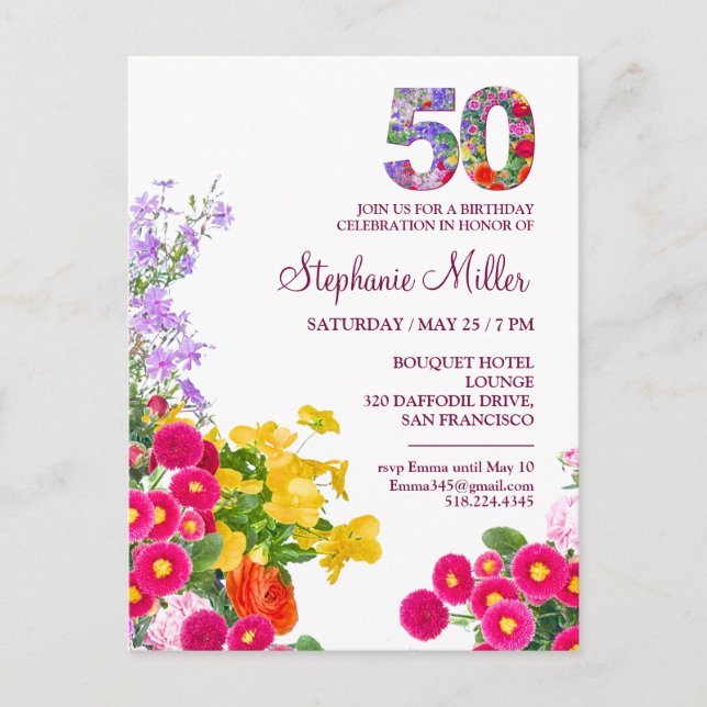 50:e födelsedagsfestens blommigt, modern 50 år par vykort (Framsida)